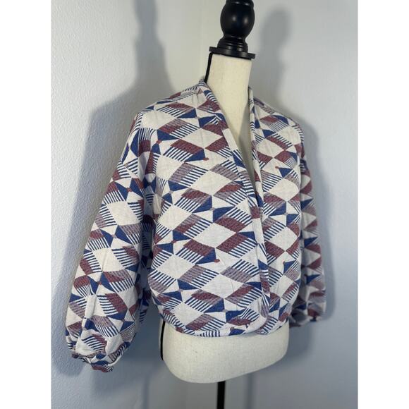 Xirena Ivory Blue Red Crop Jacket Boxy Embroidered Blazer XS - Picture 3 of 11